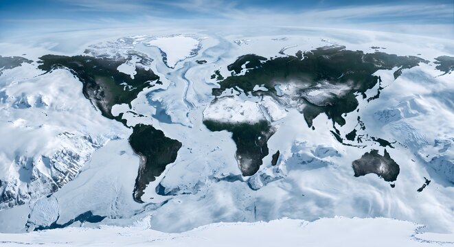 Arctic and Antarctic Icy World Map Highlighting Glaciers and Snow Covered Continents
