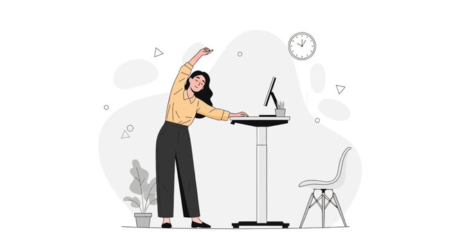 Woman stretching at standing desk in modern office, promoting healthy work habits and well-being.