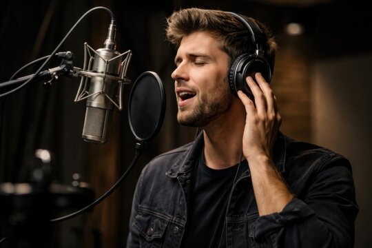 Male singer recording vocals in professional music studio with microphone and headphones