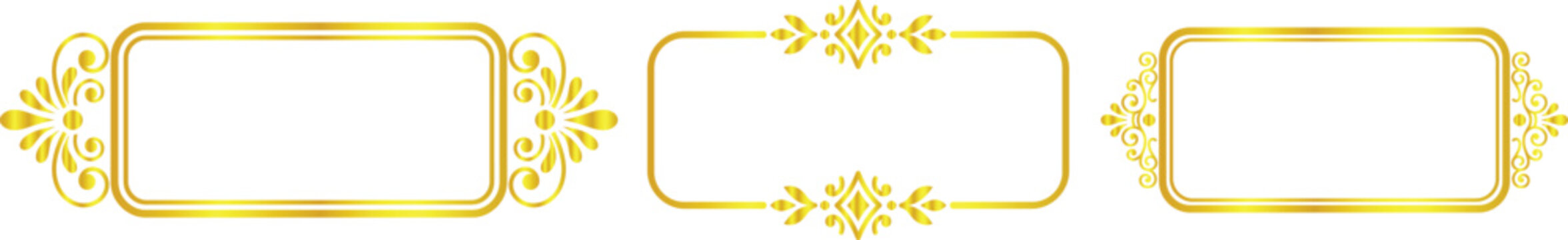 Set of three golden vintage decorative frames, elegant rectangular borders with ornamental corners and flourishes