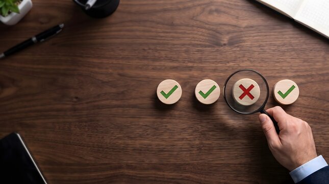 A hand holding a magnifying glass over a row of wooden blocks with checkmarks and an 'X' to find errors.