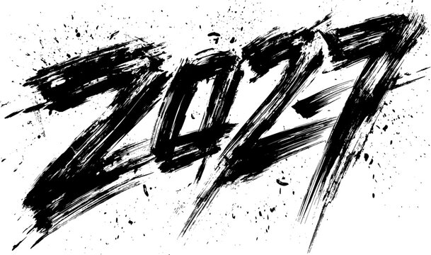 Brush drawn grunge black paint splatter 2027 sign of the the year on a white background