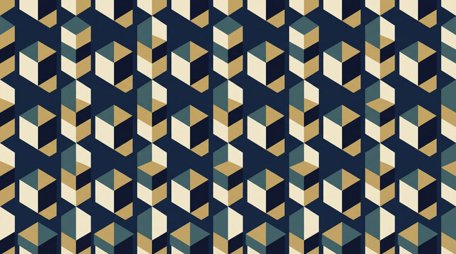Seamless Isometric Cube Grid Geometric Pattern with Navy and Gold