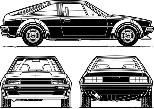 Vintage grand touring coupe shown from side front and rear in detailed technical line drawing