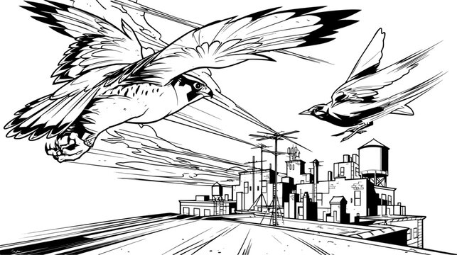 Majestic falcon soaring over a city skyline with spread wings in a dramatic low angle view