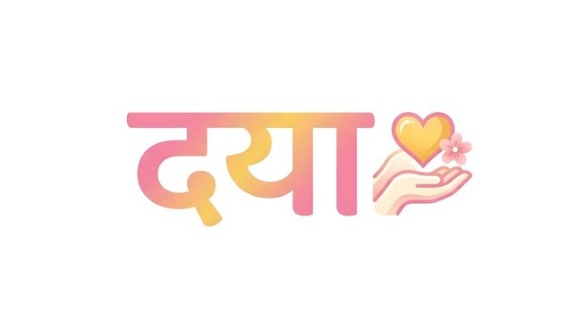 Hindi word daya compassion pink gold gradient text hands heart flower white background.