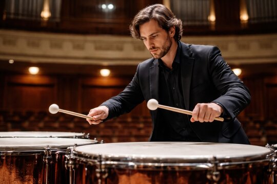 Professional timpanist performing on concert stage during orchestra rehearsal in grand music hall