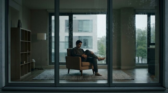 Sad man sitting alone in apartment looking through rainy window
