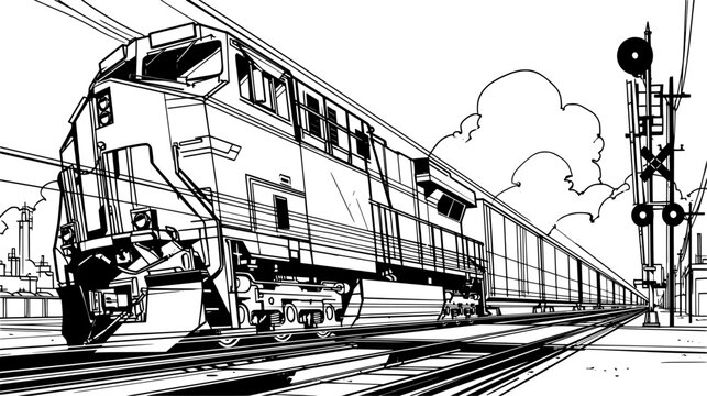 Powerful freight train speeding along railroad tracks through an urban industrial landscape