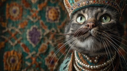 Fototapeta premium A regal tabby cat dons a jeweled crown and pearl necklace, evoking the grandeur of a feline sultan with his distinguished whiskers