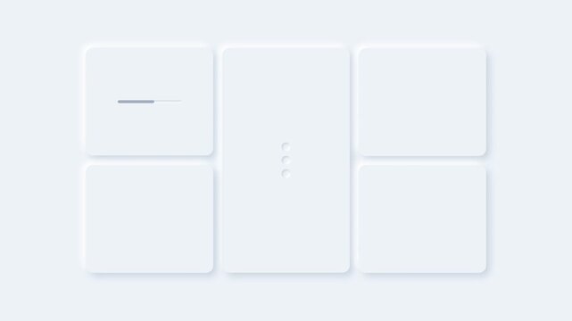 Minimalist white neomorphic interface cards display subtle loading elements on light background
