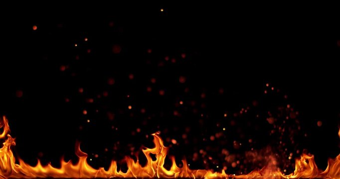 Ultra slow motion fire flames with glowing embers and sparks on black background captured at 1000 FPS. Dramatic combustion effect ideal for cinematic overlays and visual effects.