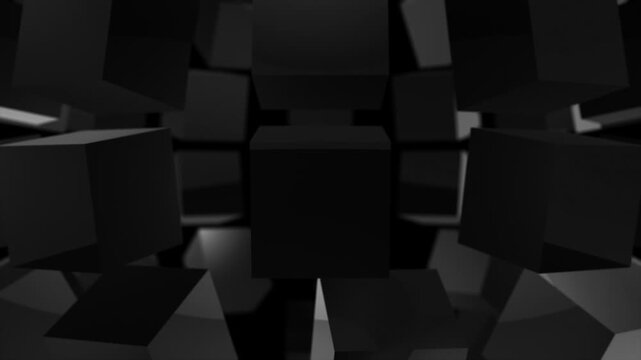 Animated white color 3d shiny cubes rotating and forming 3d sphere advanced loop able geometrical black background