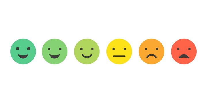 Customer satisfaction scale with colorful emoji faces ranging from happy to unhappy.