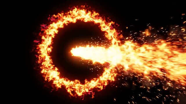 Fiery power symbol animation glowing with intense orange flames and flying sparks in motion video footage