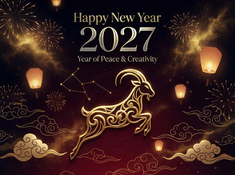Happy New Year 2027 banner, traditional Chinese New Year greeting card with majestic golden goat, fireworks, sky lanterns and clouds background, Year of Peace and Creativity celebration