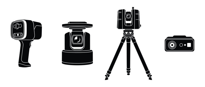 Measuring device vector silhouettes illustrate various instruments for precision surveying.