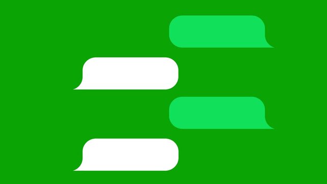 Vibrant green and white chat speech bubble conversation animating on a chroma key backdrop for mobile texting mockup, online messaging interface, digital dialogue and social app compositing.