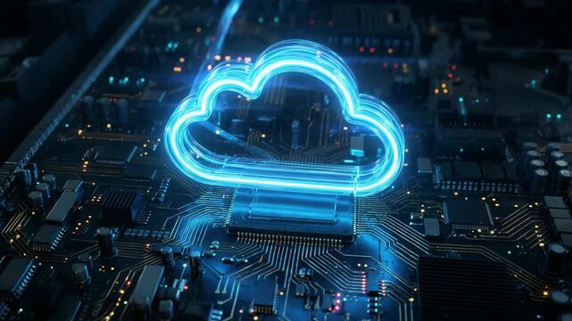 Luminous cloud icon hovers over computer circuitry, representing online data storage and network access. Futuristic digital infrastructure creates sleek, secure technology concept with vivid blue