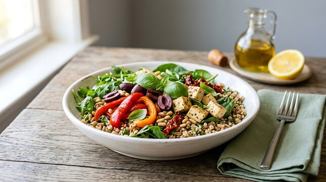 Fresh vegetarian grain bowl with tofu olives sun-dried tomatoes and roasted peppers on rustic wooden table with olive oil and lemon for healthy mediterranean diet and plant based nutrition