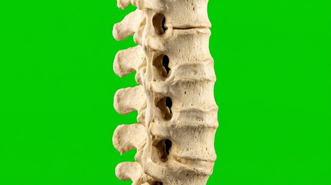 Human lumbar spine model showing fused vertebral segments on green screen