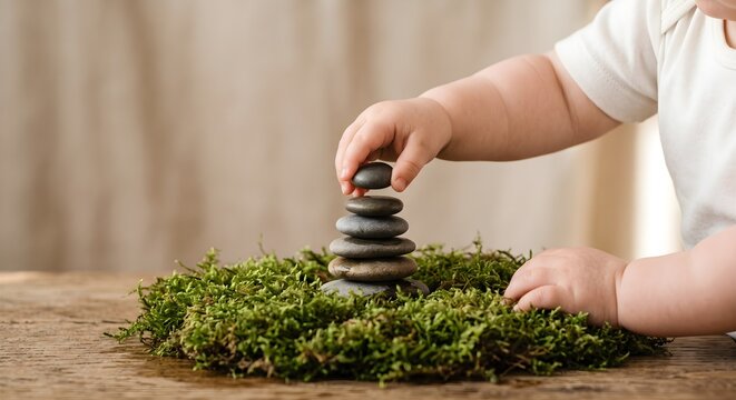 Child Hands Building a Small Stone Cairn Balance Sculpture on Mossy Ground