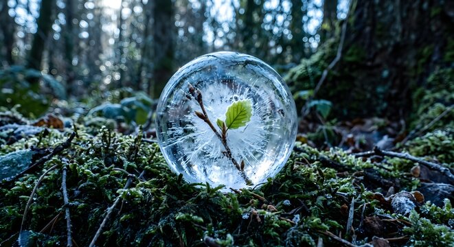 Clear Glass Crystal Sphere Resting on Moss Reflecting a Tiny Sprout in Forest