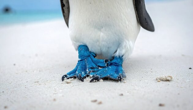 Close-up of blue penguin feet on white ground.