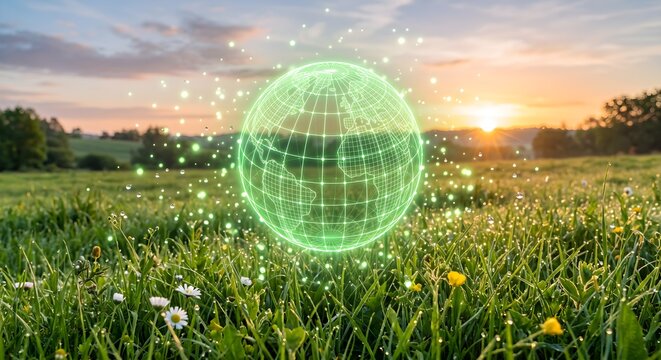 Glowing Green Wireframe Digital Globe Floating in a Bright Sunny Grass Field