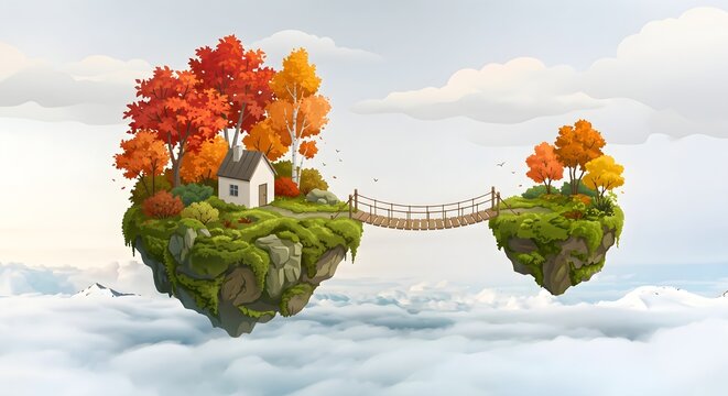 Surreal Floating Islands with Autumn Trees Connected by a Wooden Rope Bridge