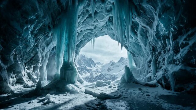 Glacial ice cave opens toward snow covered mountains beneath towering blue icicles. Frozen cavern creates dramatic polar landscape with crystalline textures, cold light and quiet mystery.