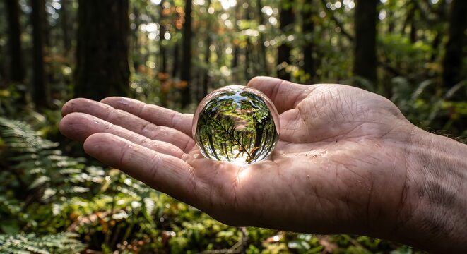 Human Hands Holding Small Clear Glass Sphere Reflecting Deep Green Forest