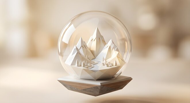 Glass Dome Terrarium Containing Miniature Mountain Landscape and Snow Model