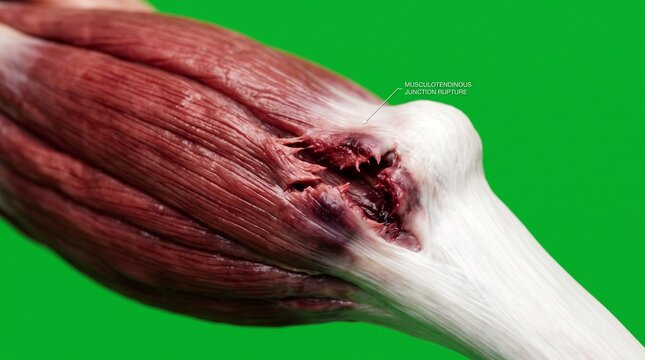 Close-up of human hamstring muscle fiber showing micro-tear and inflammation against green background