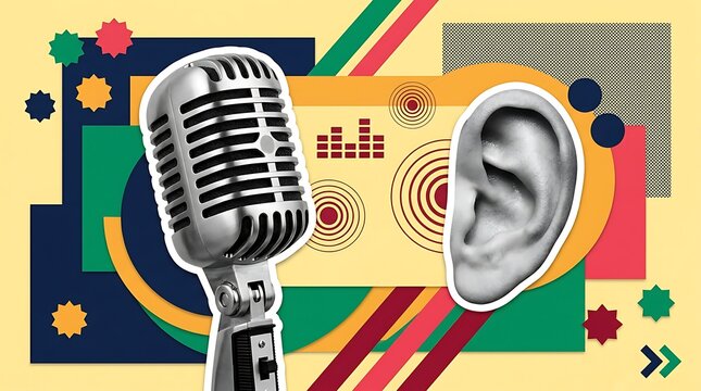 Vintage microphone placed next to human ear icon on abstract geometric background representing audio communication and sound design concepts for podcasting and broadcasting media production industry