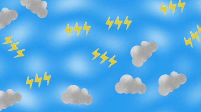 Seamless pattern of clouds and lightning on a blue sky background