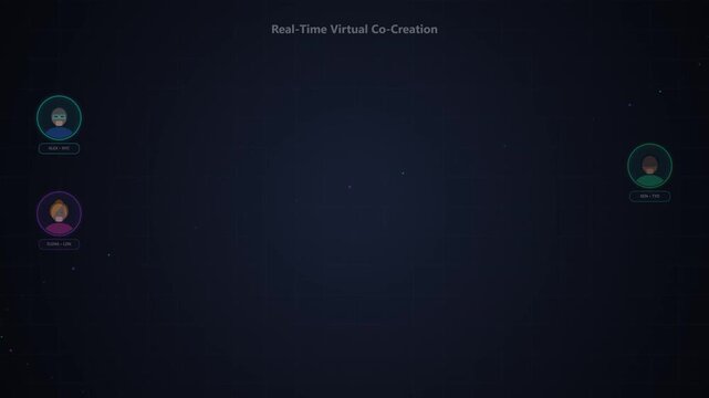 Virtual co-creation interface with abstract user avatars on a dark digital background, symbolizing real-time remote teamwork and future technology