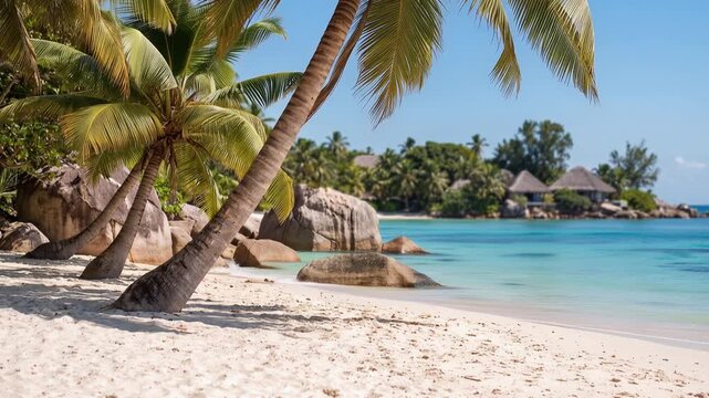 Tropical palm beach beside crystal clear turquoise sea on a sunny day, pristine white sand, bright blue sky, exotic Seychelles coastal landscape, luxurious resort atmosphere, 4K video