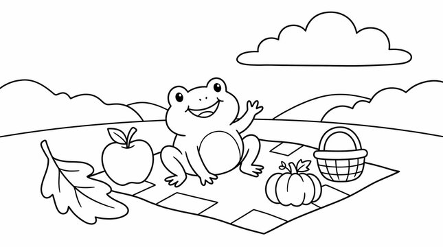 Cute smiling frog waving while sitting on a picnic blanket with an apple and pumpkin in a landscape setting, black and white coloring page for children.
