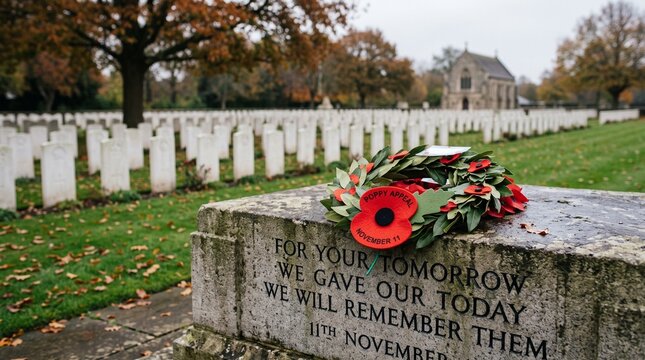 Veteran memorial gravestones with poppy wreaths in autumn cemetery setting