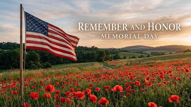 American flag waving over a field of red poppies at sunset for Memorial Day