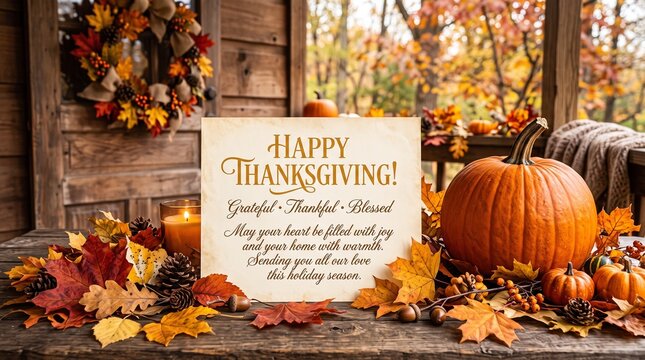 Handwritten thanksgiving sign with pumpkin and autumn leaves on wooden table