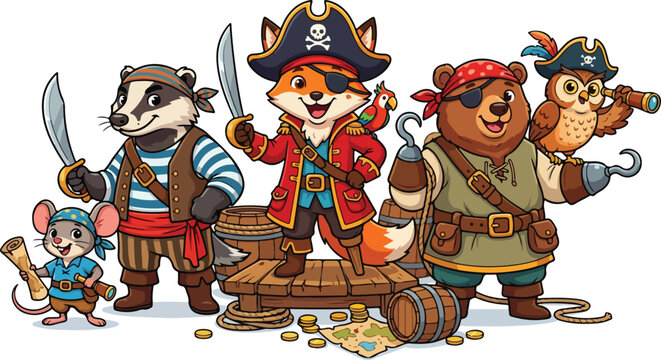 Cute cartoon animal pirates standing together with weapons map and treasure