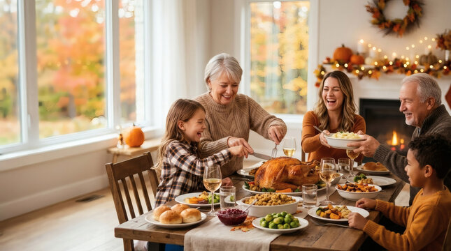 Happy multi-generational family enjoying a festive Thanksgiving dinner with roasted turkey in a cozy home with autumn views.