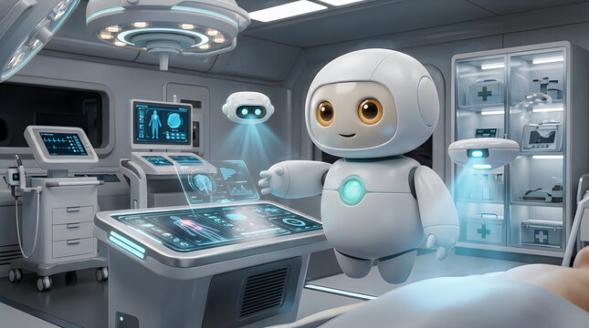 Futuristic medical robots performing surgery in a high tech hospital operating room