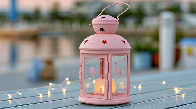 Pink metal lantern with star cutouts and glowing fairy lights on a wooden deck at dusk