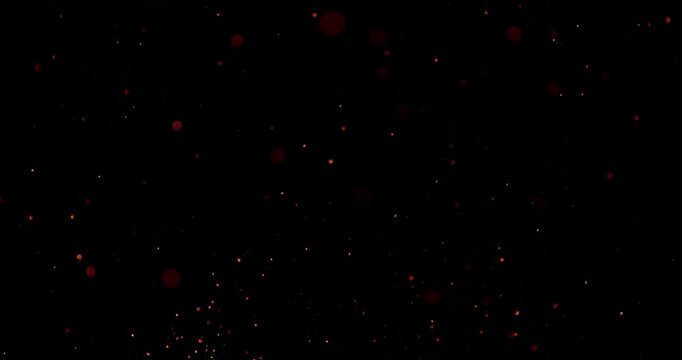 Ultra slow motion floating embers and glowing sparks on black background captured at 1000 FPS. Atmospheric fire particles drifting through darkness, ideal for cinematic overlays.