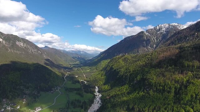 Aerial view of Soca river and mountains, Slovenia.