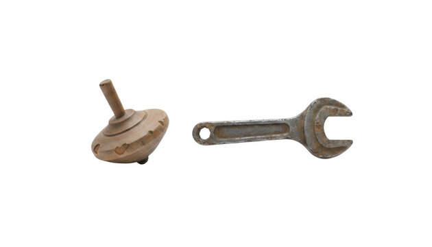 Vintage Wooden Spinning Top and Metal Wrench