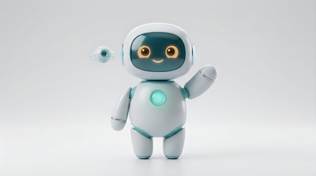 Friendly robot waving hello with a digital face and futuristic design on a white background